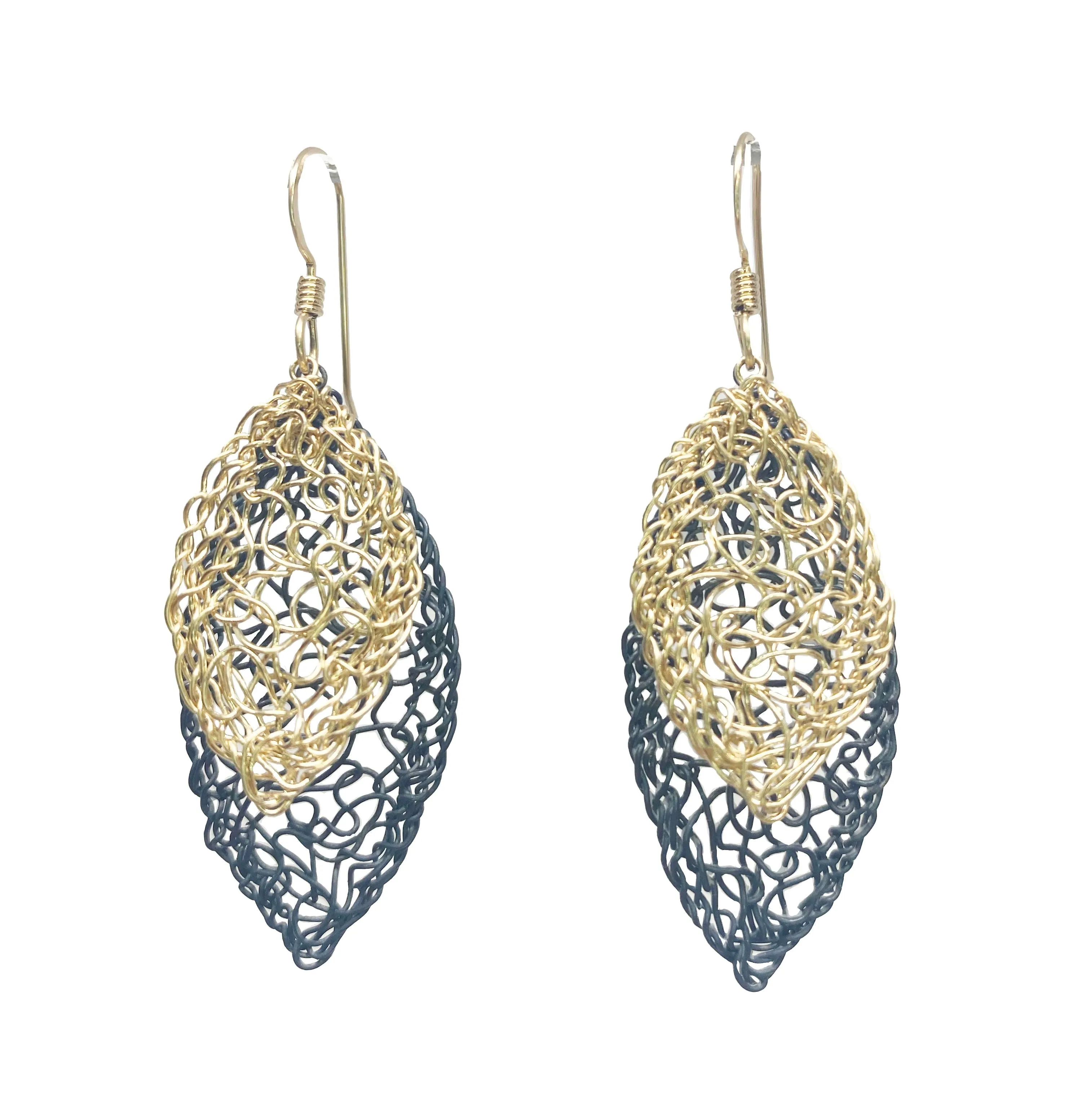 Graduated Oxidized Sterling Silver and Gold Fill Leaves Earrings by MetaLace Jewelry