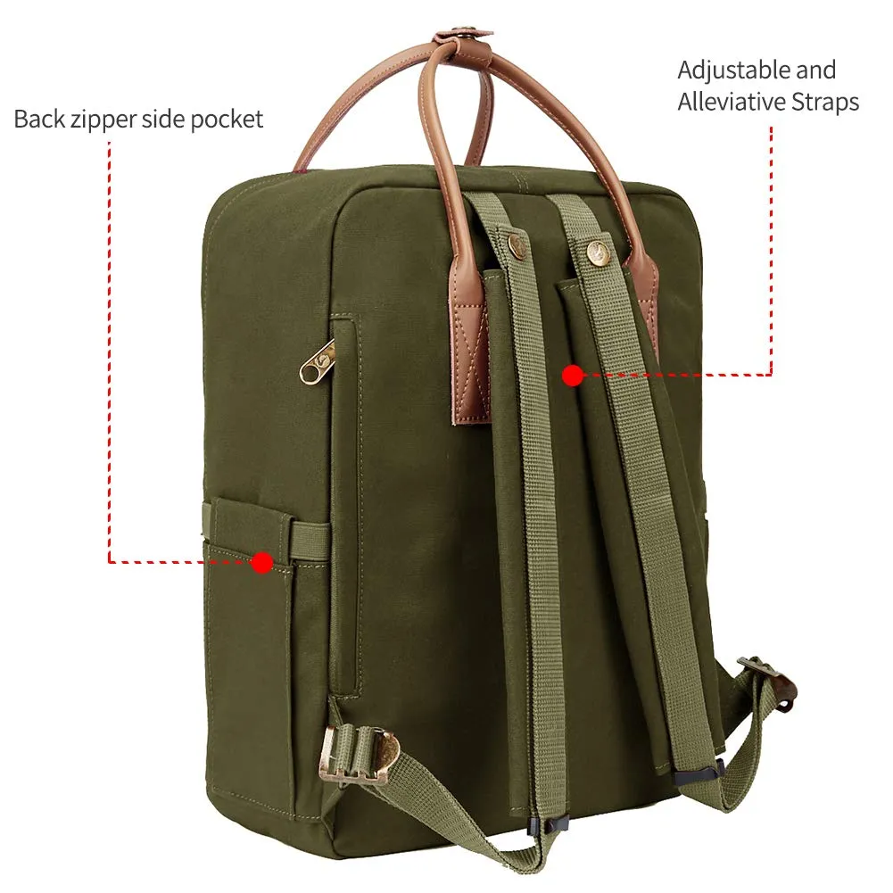 KALIDI Classic Backpack for Women,15 Inches Laptop Vintage Canvas Leather Backpack Camping Rucksack Travel Outdoor Daypack College School Bag (Army Green-Leather)
