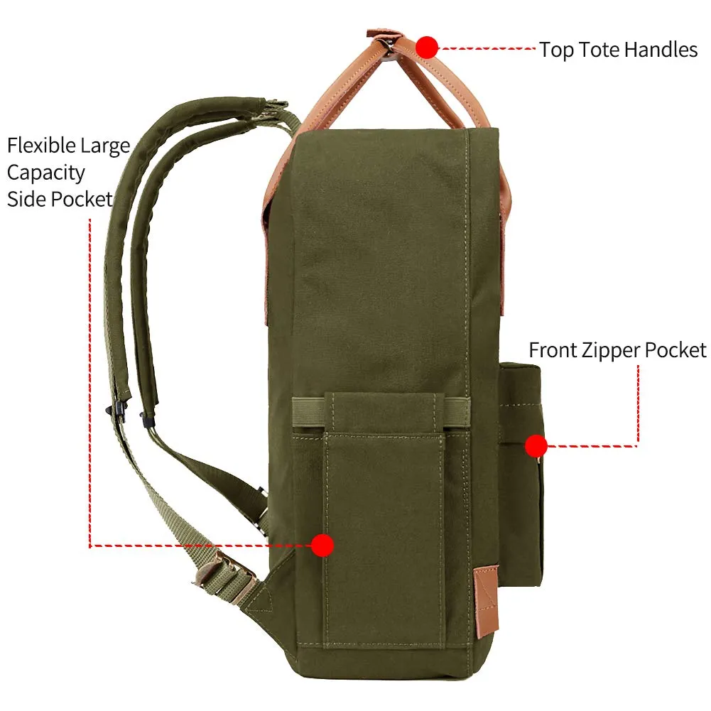 KALIDI Classic Backpack for Women,15 Inches Laptop Vintage Canvas Leather Backpack Camping Rucksack Travel Outdoor Daypack College School Bag (Army Green-Leather)