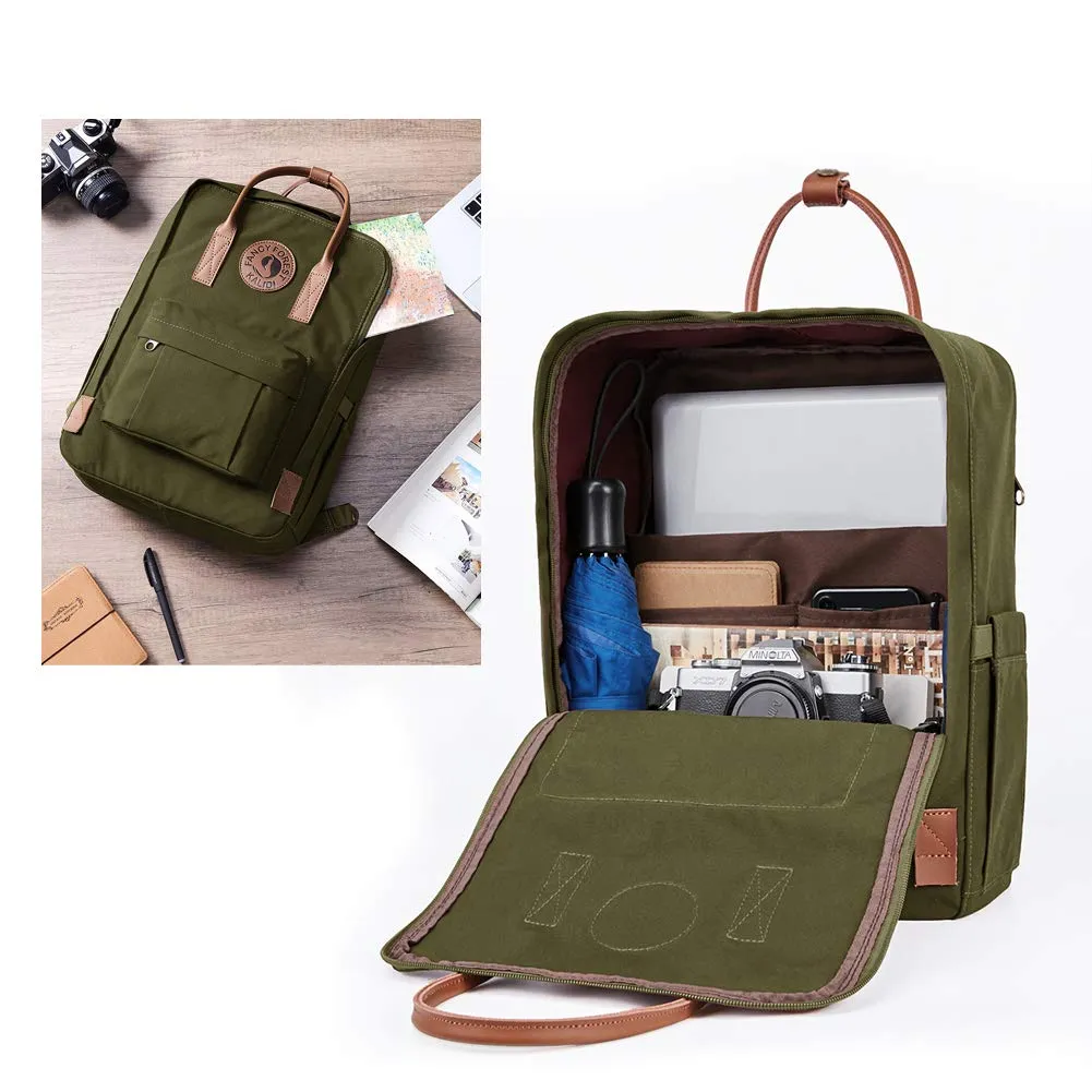 KALIDI Classic Backpack for Women,15 Inches Laptop Vintage Canvas Leather Backpack Camping Rucksack Travel Outdoor Daypack College School Bag (Army Green-Leather)