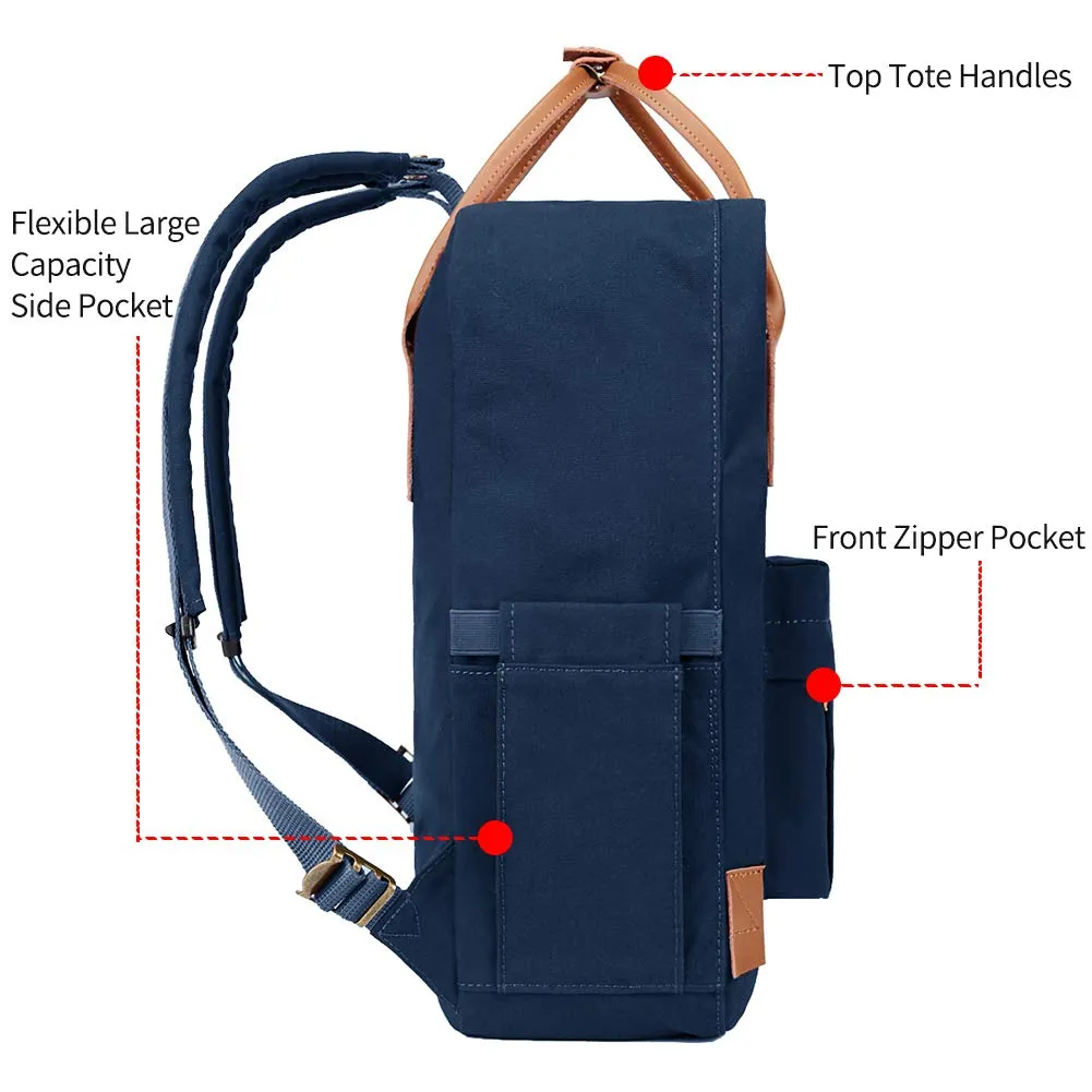 KALIDI Classic Backpack for Women,15 Inches Laptop Vintage Canvas Leather Backpack Camping Rucksack Travel Outdoor Daypack College School Bag (Marine-Leather)