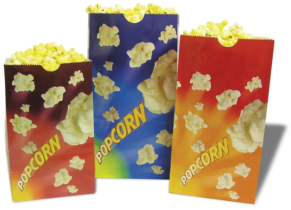 Winco Benchmark 41285 Popcorn Butter Bags 85 Ounce Blue Flat Bottom Stand Up Bags | Denson CFE